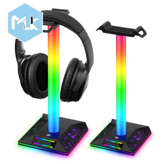MLK RGB Gaming Headphone Stand Dual USB Port Touch Control Strip Light Desk Gaming Headset Holder Hanger Earphone Accessories