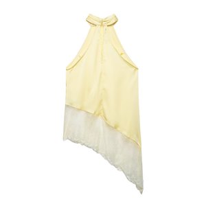 Zevity 2026 ZA Marka Kadın Seksi Kolsuz Saten Halter Smock Bluz Kadın Etek Dantel Dikiş Düzensiz Gömlek Blusas Chic Tops - Product Image 5