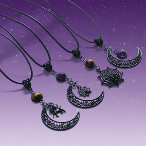 Collar con Colgante de Cristal Gótico Vintage, Luna Creciente Negra, Corazón de Telaraña, con Amatista y Piedra Ojo de Tigre, Joyería Punk - Product Image 3
