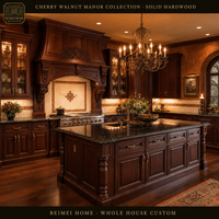 Meubles de cuisine sur mesure en bois massif pour toute la maison, style traditionnel cerisier et noyer, hotte personnalisée avec façade en verre, fabrication OEM