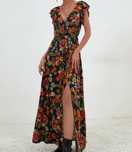 Abito stringente da donna con spacco con bordo a volant stampato - Product Image 1