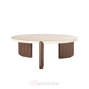 طاولة قهوة فاخرة من الترافرتين بسطح حجري طبيعي مستدير وقاعدة خشبية لمساحات المعيشة الراقية - Product Image 6