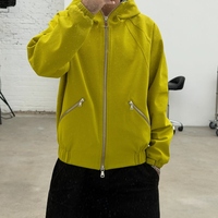 Blouson bomber à capuche jaune vif, coupe oversize, tissu texturé, streetwear 2025, personnalisable OEM/ODM, faible MOQ pour les marques de mode