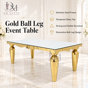 Mesa de Banquete Rectangular Clásica de Acero Inoxidable Dorado con Espejo de Vidrio, Borde Festoneado y Patas Talladas para Venta al por Mayor - Product Image 1