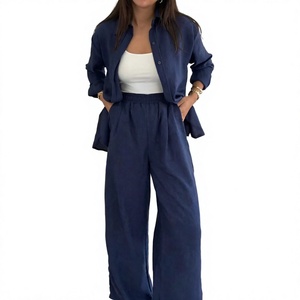 Nouvel ensemble deux pièces pour femme, style estival doux, pantalon ample et haut court, motif uni, longueur cheville, ODM, séchage rapide, lin/coton - Product Image 4