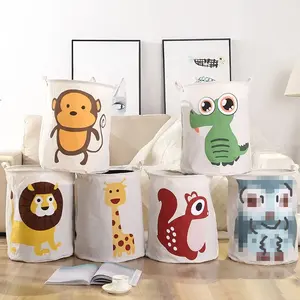 High Quality Cartoon Animal Mini Foldable Folding Toy Kids Cotton Linen Tub Laundry Basket Storage Bucket