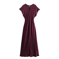 Robes longues décontractées d'été pour femmes, col rond, design élégant, couleur bordeaux, satin tendance
