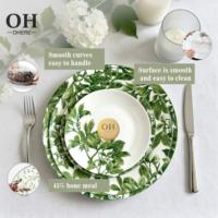Service de table Ohere de luxe minimaliste en porcelaine motif feuille verte printanière – Écologique, certifié CE, personnalisable pour la maison