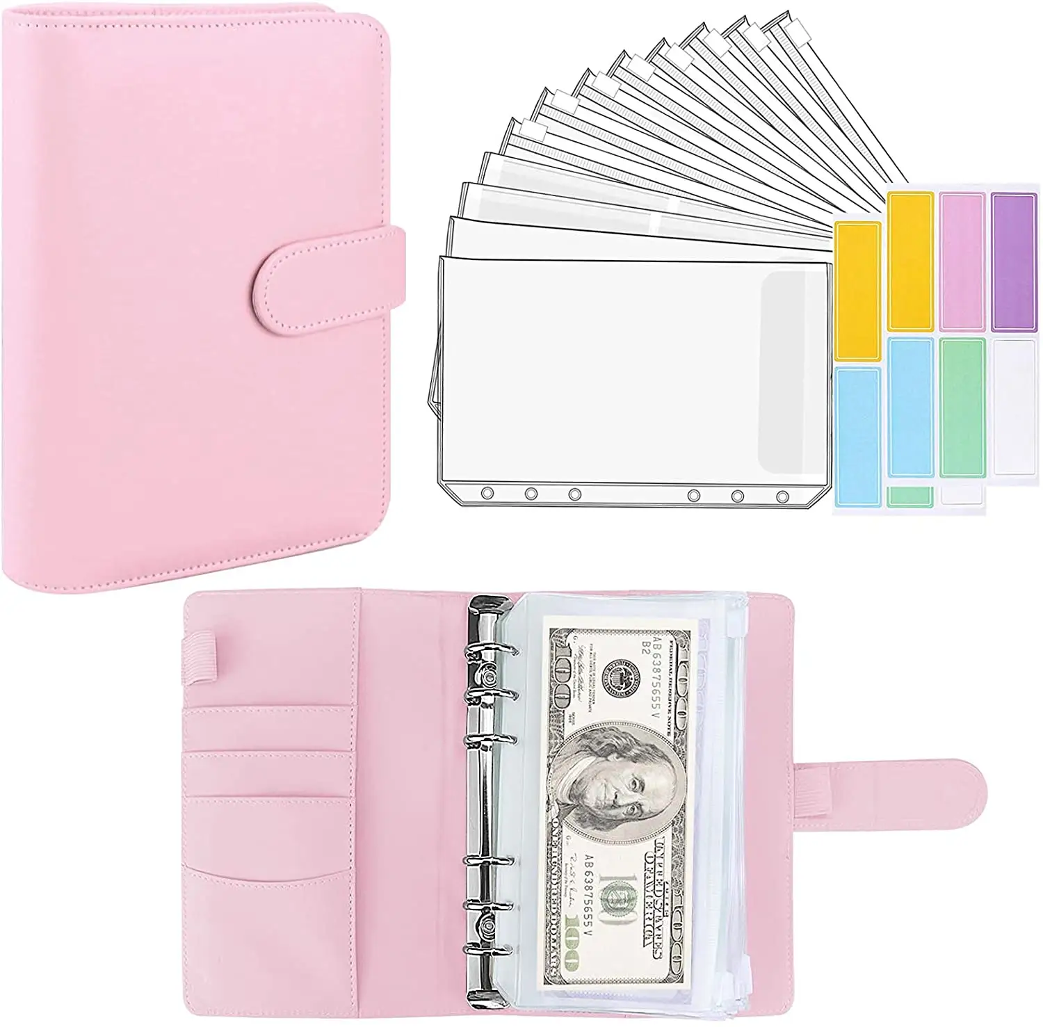 Großhandel benutzer definierte niedlichen A6 A5 Designer Clear Pockets 6 Ring PU Leder Geld Budget Binder Notebook Mit Geld umschlägen Brieftasche