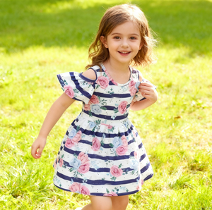 Los más nuevos niños hombro frío Flutter manga vestido verano Casual Ruffle Twirl vestido unicornio <span class=keywords><strong>y</strong></span> flor una línea bebé niña vestido - Product Image 2