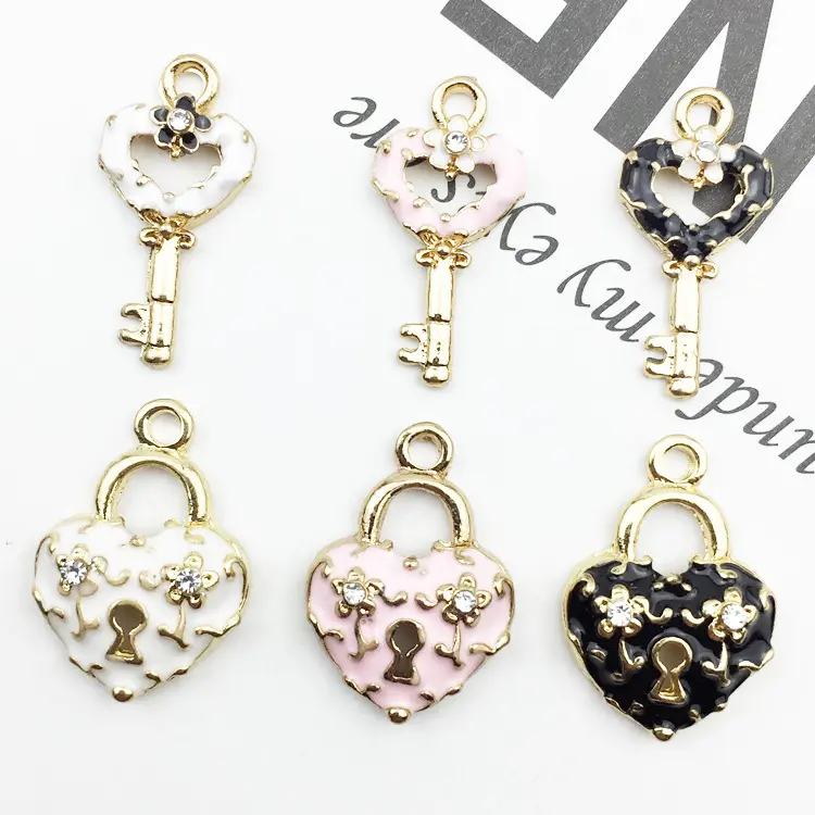 Moda emaye kalp aşk kilit anahtarı şekli Charms Metal alaşım Rhinestone kolye Charm küpe bilezik yapımı