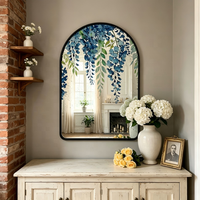 Miroir mural décoratif à cadre en fer noir cintrée, miroir de vanité artistique imprimé glycine bleue pour salle de bain, entrée et décoration intérieure
