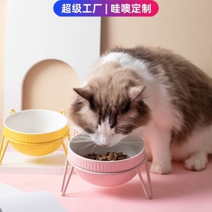 Cuenco de cerámica elevado para mascotas con diseño de pata y pez para gatos, cuenco para alimentación y agua, forma redonda, cuenco de cuello alto - Product Image 5