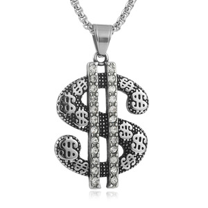 Colgante de acero inoxidable con signo de dólar e incrustaciones de cristal, collar de moda para hombre, cadena de 3,0x60 cm, tono plateado - Product Image 1