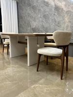 Ensemble de table à manger rectangulaire minimaliste rétro français, plateau en pierre frittée travertin avec double piédestal en bois