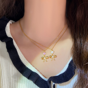 Collar de Circonita Cúbica Rosa con Forma de Corazón para Mujer, Regalo de Joyería para San Valentín 2026, Collar con Colgante de Lazo y Ópalo Rosa para Niñas - Product Image 3