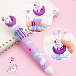 10 Kleuren Schattige Kleur Balpen 10 In 1 Pen Met De Kawai Siliconen Dierenkop 0.5Mm Punt Voor Kinderen Kleuring