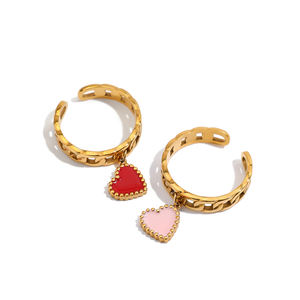 J&D 귀여운 트렌디 핑크 레드 하트 조절 가능한 반지 휴일 스타일 코코넛 나무 펜던트 체인 오픈 링 - Product Image 3