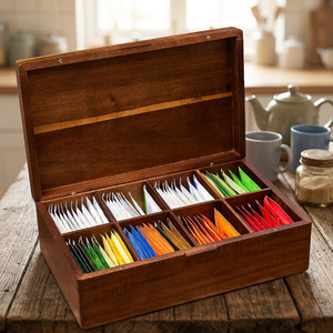 Boîte de rangement en bois détachable pour sachets de thé avec 4x8 compartiments, style campagnard, présentoir de rangement pour sachets de thé, coffre naturel - Product Image 3