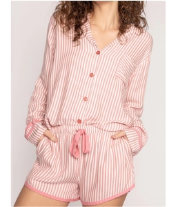 Mới đến poplin phòng chờ Áo sơ mi Pajama đặt 60S bông sợi bông màu hồng sọc áo qua vai - Product Image 1
