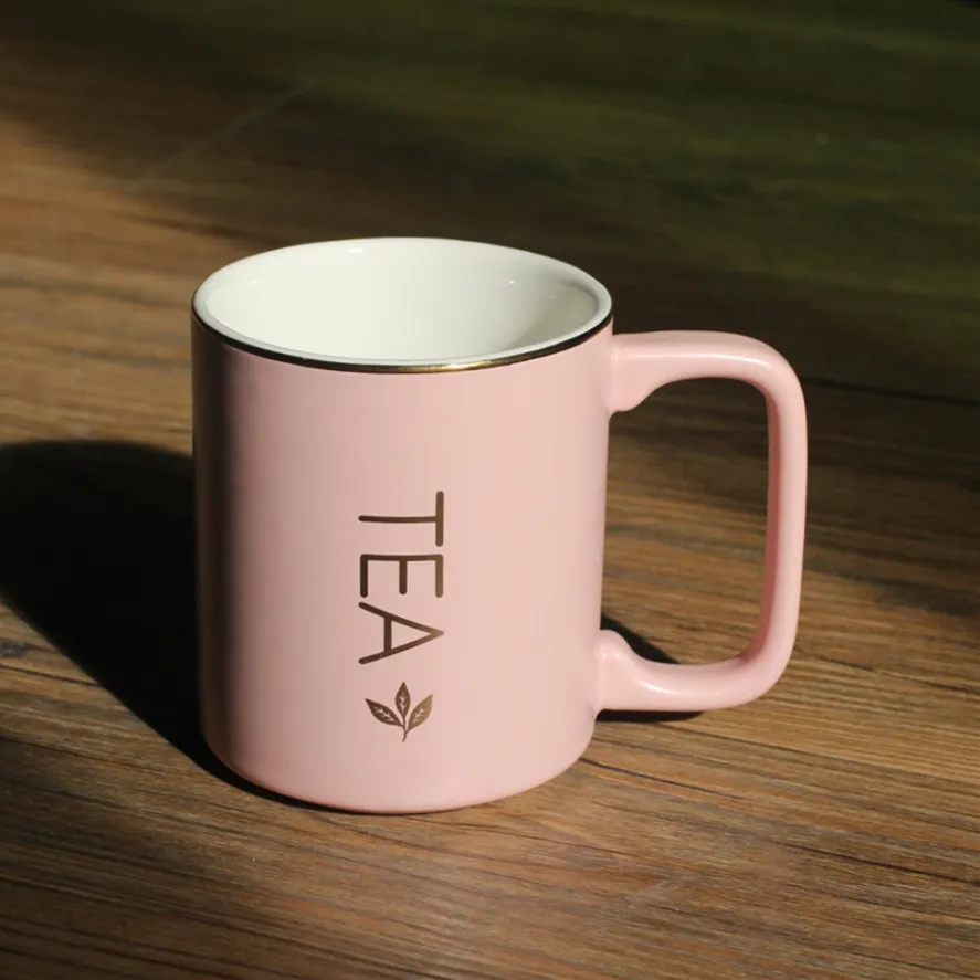 350ml Matte Pink Color Porcelain Coffee Mug Printed Logo Stackable Ceramic Tea Cup WIth Square Handle Custom Logo Accept