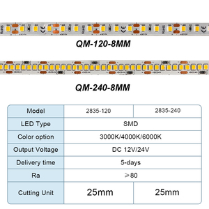 팩토리 2835 <span class=keywords><strong>DC</strong></span> 12V 24V 240leds/m 10mm 18W 5m/10m/롤 IP20 3000k 4000k 6500k 웜 화이트 고휘도 디밍 가능 플렉시블 LED 스트립 - Product Image 2