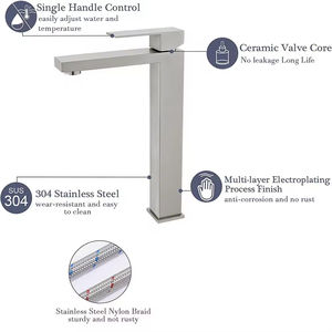 Grifo Cuadrado Alto <span class=keywords><strong>de</strong></span> Acero Inoxidable 304 con Acabado Negro Cepillado, Montado en Cubierta, para Lavabo, Mezclador <span class=keywords><strong>de</strong></span> Agua Fría y Caliente para Baño - Product Image 6