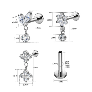 Boucles d'oreilles tendance en titane G23 16G avec <span class=keywords><strong>double</strong></span> fleur CZ pendante et dos plat, pour <span class=keywords><strong>piercing</strong></span> d'<span class=keywords><strong>oreille</strong></span>, labret, lèvre, hélix, <span class=keywords><strong>tragus</strong></span>, bijoux de fête - Product Image 2