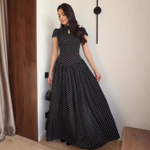 Summer Elegant Women's Polka <strong>Dot</strong> Spliced Short Puff Sleeve Stand Collar Hollow-out Slim Fit High Waist Pleated A-<strong>line</strong> <strong>Maxi</strong> <strong>Dress</strong> - Product Image 3