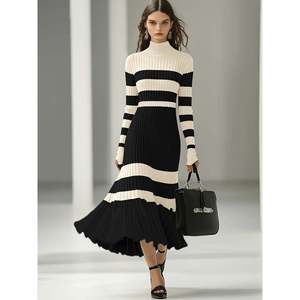 Striped Turtleneck Colorblock Midi <b>Dress</b> Women's Sweater <b>Dress</b> Long Sleeve Ribbed Knit <b>Dress</b> Black White Stripes - Product Image 3