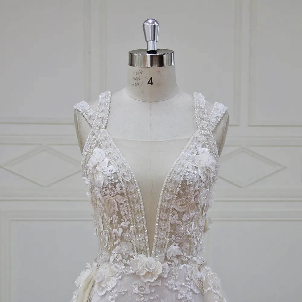 XF17011 Venta caliente elegante ilusión cuello en V vestido sin mangas de sirena con tren desmontable 3D vestido de novia de encaje con cuentas