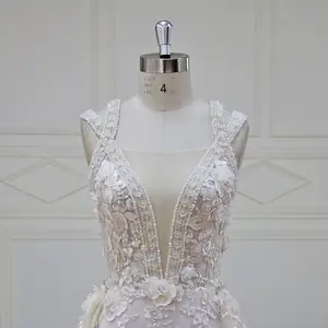 XF17011 Hot Sell Elegante Illusion V-Ausschnitt Ärmelloses Meerjungfrau kleid mit abnehmbarem Zug 3D Perlen Spitze Brautkleid