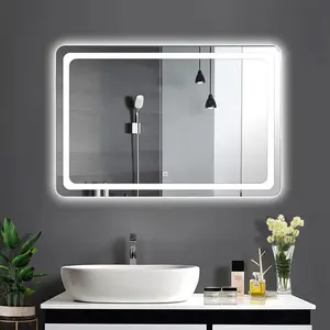 Espejo con pantalla de tiempo Rectangular de estilo moderno para baño, espejo inteligente desempañador retroiluminado con LED personalizado