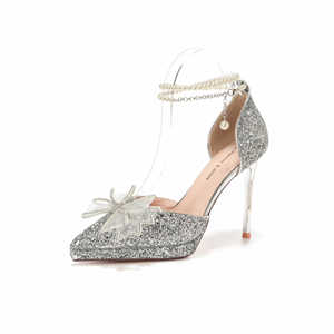 Elegantes Zapatos de Tacón Alto de Cuero PU con Cuentas Hechas a Mano y Decoración de Lazo con Cadena de Perlas para Bodas y Eventos Nocturnos, Aptos para Todas las Temporadas, Tallas 35-40 - Product Image 5