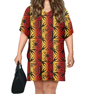 Fabricantes de ropa Mujeres personalizadas Polinesia Tribal Samoan Tapa roja Estampado de flores Mujeres Camiseta de gran tamaño Vestido Suelto