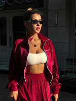 Ensemble 2 pièces décontracté et sportif pour femme : veste courte zippée à col montant et pantalon large taille haute – Tenue streetwear assortie