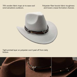 Chapeau de cowboy western marron à large bord avec bande à motif crâne de taureau pour la pratique de la randonnée en plein air - Product Image 3