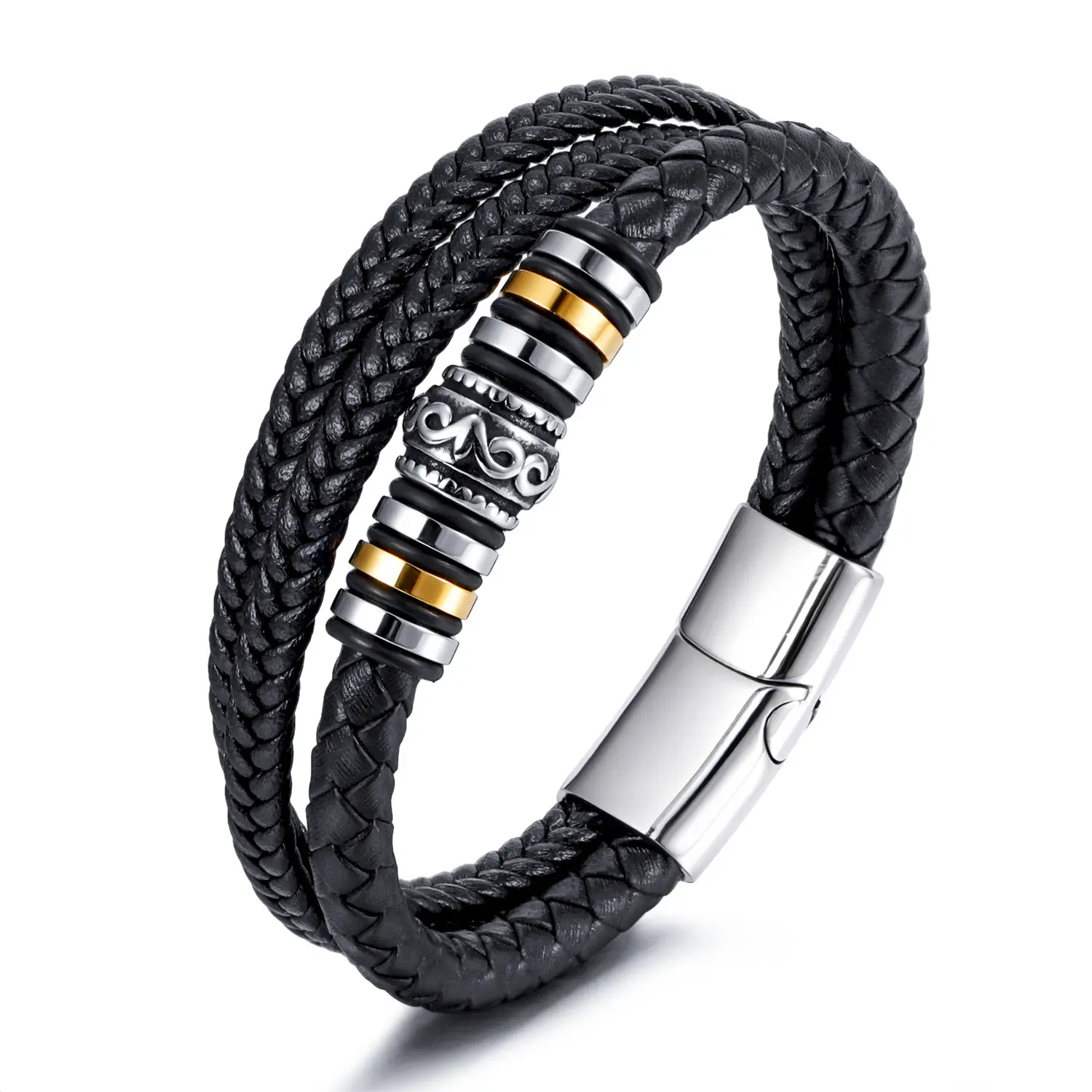 Fashion Stainless Steel Charm Magnetic Black Men Bracelet Leather Genuine Braided Punk Rock Bangles Jewelry