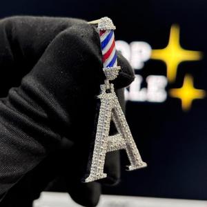 Iced Out Letter A <b>Pendant</b> with Barber Pole Bail White Gold Finish <b>Initial</b> Charm Necklace for Men & Women - Product Image 2