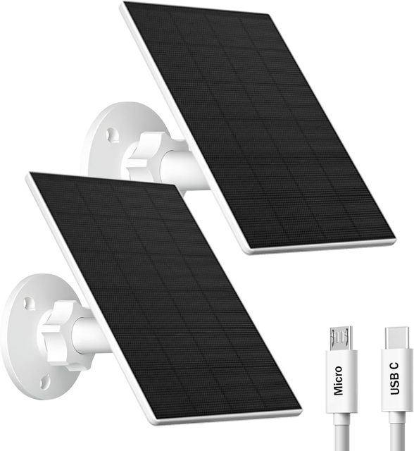 2W  2 Pack White Solar Panel for  Camera  USB/USB-C Charger with IP65  360° Adjustable Mount & 7.2ft Cable