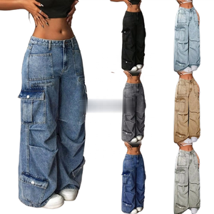 <span class=keywords><strong>Jeans</strong></span> Cargo Larghi da <span class=keywords><strong>Donna</strong></span> all'Ingrosso, a Vita Alta, Multitasche, Gamba Larga in Denim - Product Image 1