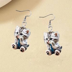 À la mode à la mode Animal plat acrylique boucles <span class=keywords><strong>d</strong></span>'oreilles chats portant chemise cravate <span class=keywords><strong>d</strong></span>écoratif ornement bijoux accessoires cadeaux femmes fille - Product Image 1
