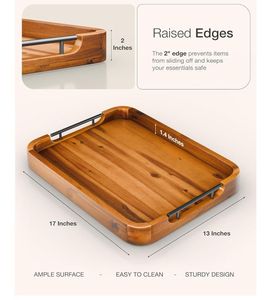 工場直販 ベストセラー 長方形 アカシア材 オットマン トレイ 大型 木製 サービングトレイ 取っ手付き リビングルーム用 - Product Image 2