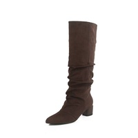 Bottes d'équitation montantes en cuir véritable à bout pointu et talon épais pour l'hiver