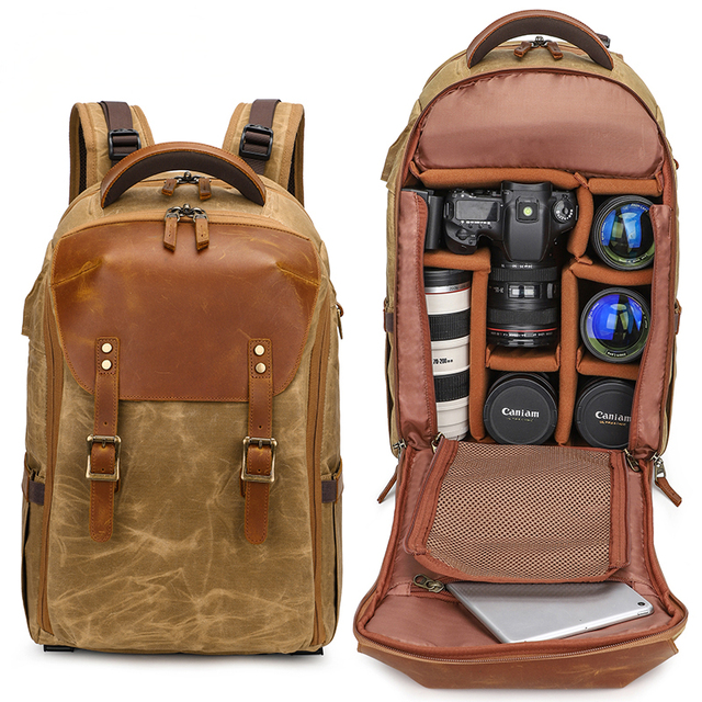 Vintage Camera Bags Large Capacity Waxed Canvas Leather DSLR Camera and Drone Backpack with USB Charging Port