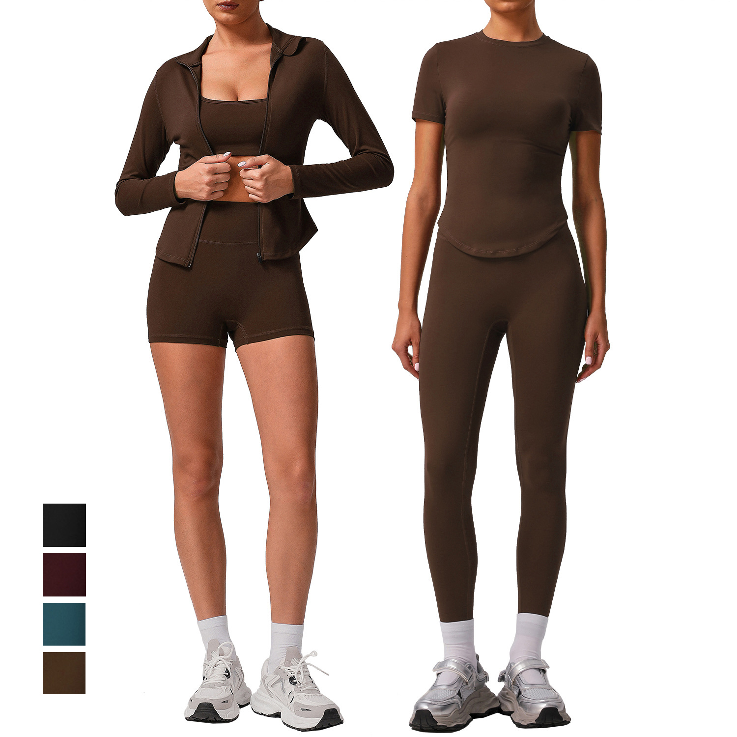 Women's Gym Fitness Yoga Set Solid Pattern Sportswear Including Sports Bra Leggings Jacket Shorts T-shirt for Workout