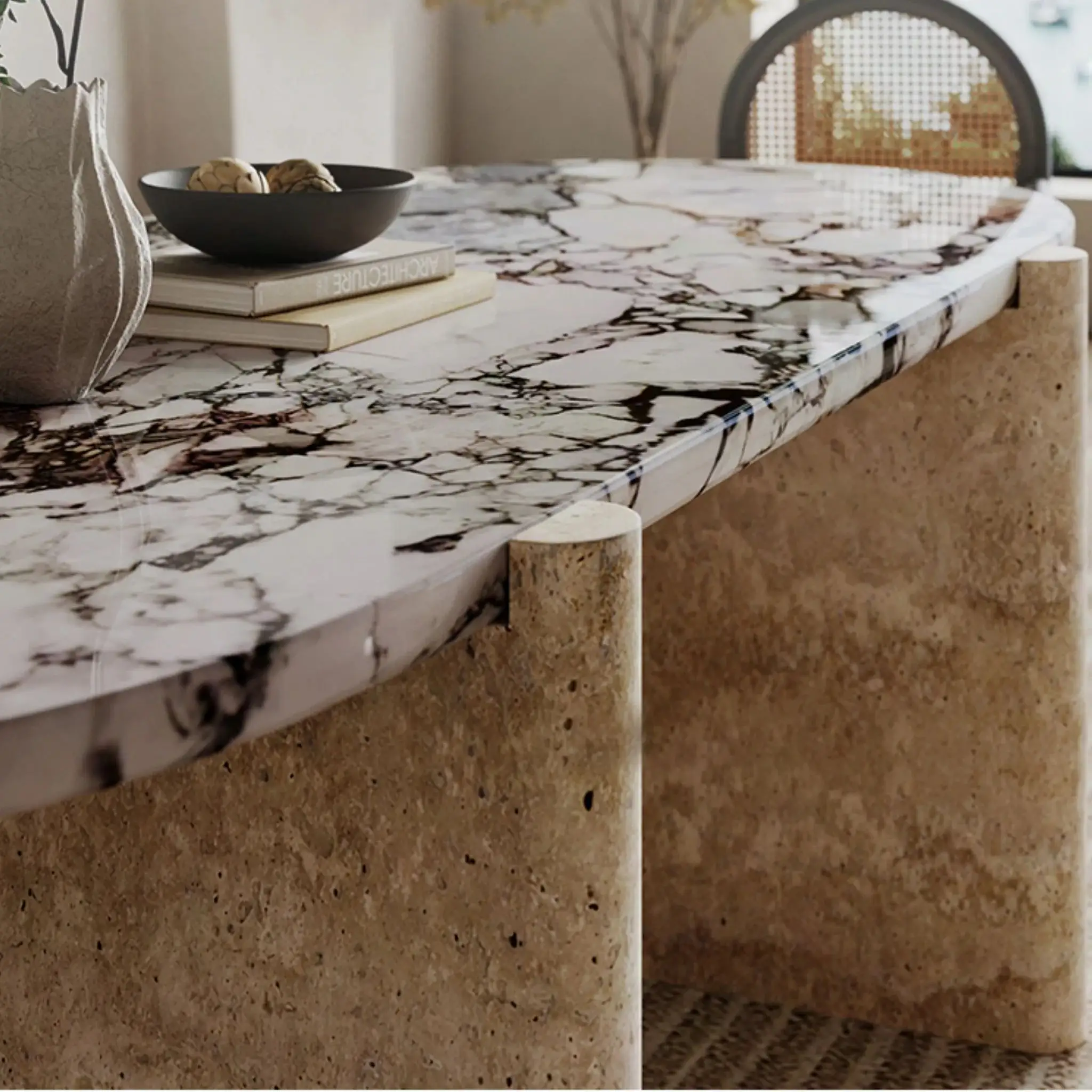 SHIHUI su misura di lusso sala da pranzo mobili moderno ovale in marmo naturale travertino tavolo da pranzo 6 posti