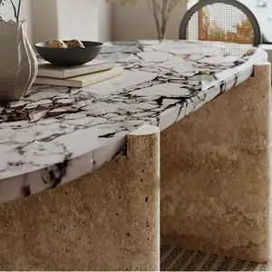 SHIHUI Customized Luxury Dining Room Furniture Modern Natural Oval Marble Travertine Dining Table 6 Seater