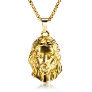 Colgante de cabeza de Jesús de acero inoxidable, joyería religiosa de oro de 24K, Hip hop, collar de cadena para hombres