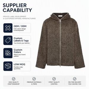 Marques de streetwear et de mode hivernale de luxe pour sweat à capuche zippé en tricot marron duveteux de qualité supérieure avec texture en mohair et coupe ample - Product Image 3